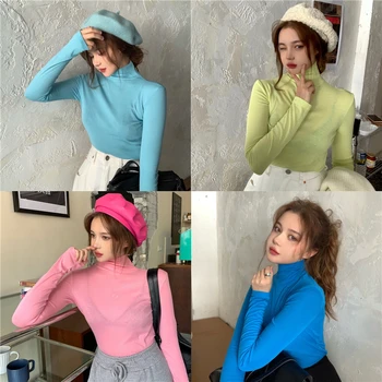 7colors 2020 m. pavasarį, rudenį, moterų topai apkarpytos slim vientisos spalvos golfo ilgomis rankovėmis tshirts moteriški marškinėliai, femme (R99438