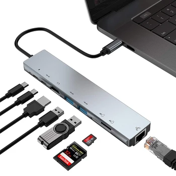 8IN1 USB HUB Tipo C Iki 4K HDMI, USB 3.0-Rj45 TF&SD su PD Įkrovimo Multi-funkcija Docking Station 