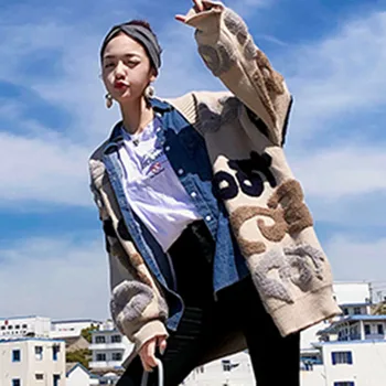 Atsitiktinis Negabaritinių Laiškas Spausdinti Cardigan Megztinis Moteriška Mada Storas Šiltas Korėjos Megzti Paltai Outwear Trikotažas 2020 M. Žiemos Jersey