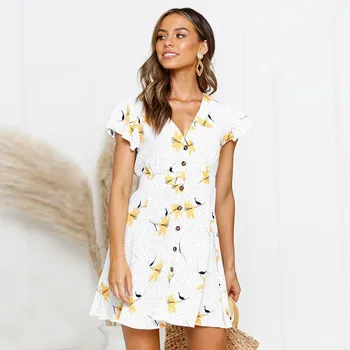 BEFORW 2019 m. Vasarą Moterims Gėlių Spausdinti Suknelė su V Kaklo Ruffles Plonas Juosmens-Line Mini Suknelės Atsitiktinis Paplūdimio Trumpą Suknelę vestidos