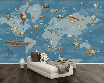 Beibehang Užsakymą 3d Tapetai, Freskos Gyvūnų Animacinių filmų karšto oro balionų Pasaulio Žemėlapyje, Vaikų kambarys, TV Foną, Sienos 3d tapetai