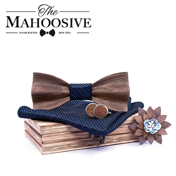 Black Walnut 3D Medines peteliškes Vyrų vyrų kaklaraištis Medienos Bowtie Rankų darbo Drugelis Medienos peteliškę Gravata dovana Cufflink nosinė