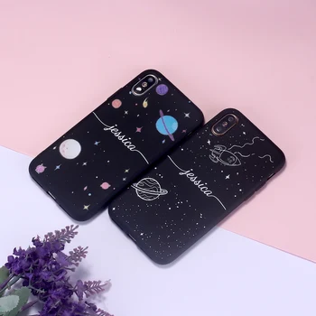 Custom Asmeninį tolimąjį Kosmosą, Mėnulį, Žvaigždes Mergina Vardo Monograma Mobilus Telefonas Black Atveju iPhone, 11 Pro XS Max XR X 7Plus 8Plus