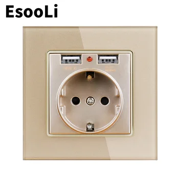 EsooLi Aukso USB Lizdą ES Elektros Lizdo Balto Krištolo Stiklo Skydelis Dual USB Įkrovimo lizdas 2.1 16A Rusija Ispanija