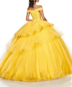Geltonos spalvos Tiulio nuo Peties quinceanera suknelės Kristalai Gėlės Duobute Kelių Sluoksnių Kamuolys Suknelė Quinceanera Suknelės kamuolys suknelė