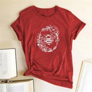 Harajuku Bičių Gėlių Spausdinti Moterų Marškinėliai trumpomis Rankovėmis Medvilnės Grafinis Tees Femme T-shirts Gatvės Stiliaus Viršūnes Moterų 2020 M. Drabužius