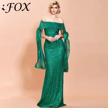 IFox Seksualus Nereguliarus Kaklo Ruffles Žalia Spalva Moterų Suknelės 2020 Metų Moteris Elegantiškas Bodycon Maxi Blizgučiai Šalis Suknelė