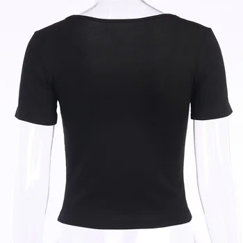 InsGoth Vintage Black marškinėliai Moterims Gotikos Vasaros Drugelis Siuvinėjimo Trumpas Rankovės Pagrindinio Bodycon T shirts Kvadratinių Kaklo Viršūnes