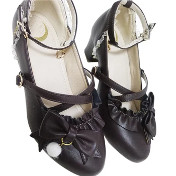 Japonijos saldus lolita batai derliaus apvali galva didelė-top moterų batai mielas nėrinių bowknot kryžiaus dirželis kawaii loli cosplay batai