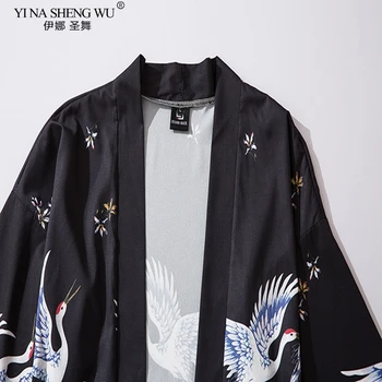 Japonų Stiliaus Krano Kimono Su Diržu Tokijo Streetwear Haori MenWomen Cardigan Japonija Skraiste Mergina Mados Tradicinių Azijos Drabužiai