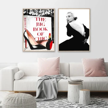 Juoda Balta Marilyn Monroe Sienos Menas Drobė Mados Aukšti Kulniukai Boook Raudona Lūpų, Plakatų ir grafikos, Tapybos Nuotraukas, Namų Dekoro