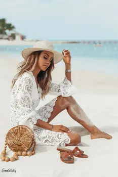 Karšto 2019 Naujas Vasaros Moterų Bikini Padengti Iki Gėlių Nėrinių Tuščiaviduriai Nėrimo Maudymosi Kostiumėlį Cover-Up Maudymosi Kostiumas, Paplūdimio Tunika Paplūdimio Suknelė