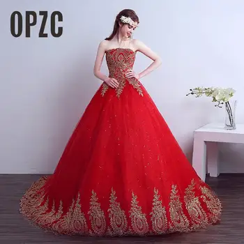 Karšto Pardavimo Princesė Brangioji Siuvinėjimas Aukso su Raudona Vestuvinė Suknelė 2020 vestido de noiva Mados Pigūs Nėrinių Nuotakos Suknelė Suknelės