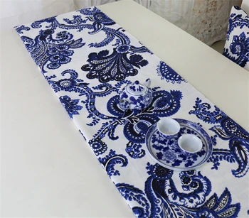 Kinijos Siuvinėtos Stalo Runner Modernaus Lino Mėlyna Dvigubo Sluoksnio Staltiesė Klasikinio Gėlių Stalo Vėliavos Viešbučio Dekoro Vieta Kilimėlis
