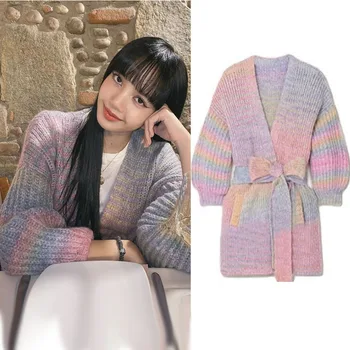 Kpop korėjos Įžymybė Vaivorykštės spalvos nėriniai-up megztiniai megztinis moterų žiemos naujas prarasti saldus cardigan vidutinio ilgio šilti megztiniai