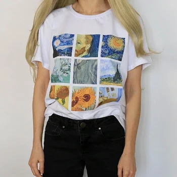 Kuakuayu HJN Van Gogho Tapybai Vintage Mados Estetinės White T-Shirt 90s Mielas Str Tee Hipster Grunge Viršų