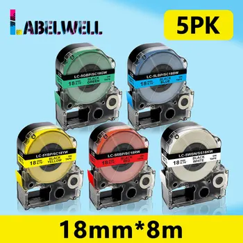 Labelwell 5PK SS18KW LC-5WBN 18mm Etiketės Juostos suderinama Epson/KingJim Etiketės Kasetės SC18RW SC18BW SC18YW SC18GW už LW-400