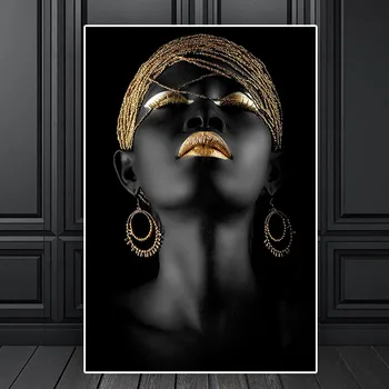 Modernaus Stiliaus Afrikos Moteris Tapyba ant Drobės Aukso Black Skandinavijos Sienos Meno Plakatas ir Spausdinimo Gyvenimo Kambario Dekoro