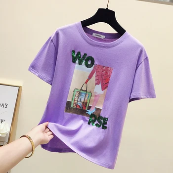 Moters Atsitiktinis Trumpas Rankovės 2020 Metų Vasaros, O Kaklo T-shirt Moterų Tee Tees Studentų Blizgančiais Viršūnes A747