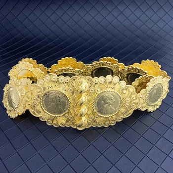 Naujas Prancūzija Monetos Juosmens Diržus, Auksas Tuščiaviduriai Iš Gėlių Formos Susijusios Juosmens Grandinės Ilgio Metalo Diržų Suknelė