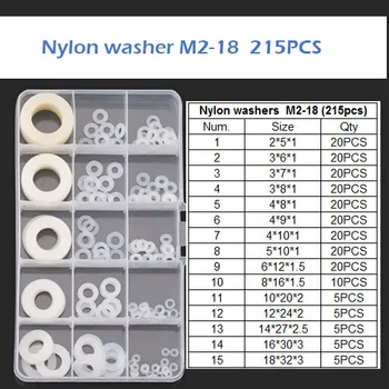 Nemokamas pristatymas 215pcs Balto Nailono Plovimo Plastiko RingFastener M2/3/M4/M5-M18 Asortimentas rinkinys, O Žiedas Sicilone Tarpiklis Plovimo