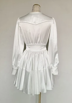 Pavasarį Ir Vasarą 2020 naujas V-kaklo, juosmens lieknėjimo ilgomis rankovėmis aukštos juosmens vientisos spalvos elegantiškas Office Lady balta Vestidos suknelė