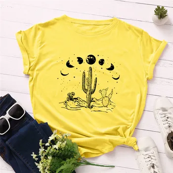 Plius Dydis S-5XL Medvilnės Marškinėliai Voguish Mėnulis Kaktusas Print T Shirt Moterims, O Kaklas Trumpas Rankovėmis Tee Vasarą Moterys Marškinėlius Rožinė Viršūnės