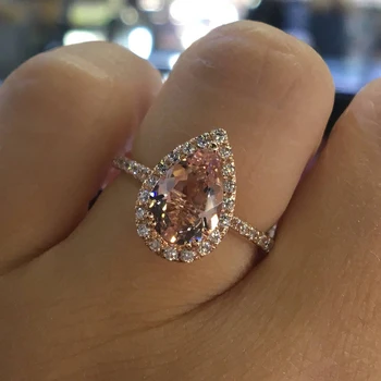 Prabanga Moterų Big Pink Akmens Žiedas Mados Rose Gold Jewelry Kristalų Cirkonis Vandens Lašas Žiedas Senovinių Vestuvinių Žiedų Moterims