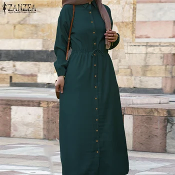 Retro Musulmonų Marškinėliai Suknelė Moterų Sluoksniuotos Rankovėmis Sundress ZANZEA 2021 Atsitiktinis Raišteliu Maxi Vestidos Moterų Mygtuką, Chalatas, Negabaritinių