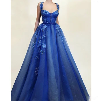 Royal Blue Vakaro Suknelės 2019-line Siuvinėjimo Gėlės Dubajus Spageti Dirželis arabų Ilgai Vakare Gown Korsetas Prom Dress