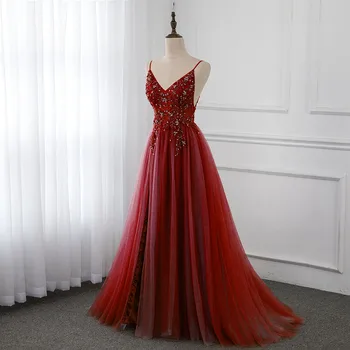 Saldus Vynas Raudonas Kristalas Ilgai Prom Dresses 2020 Spagečiai Dirželiai Tiulio Vakare Gown Ritininės Teisę YQLNNE