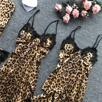 SAPJON 2019 Leopardas Spausdinti Pižama Moterų Nėriniai Seksualus moteriškas apatinis Trikotažas, Šilkas Pajama Komplektai Moterų Vasaros Pijama Mujer Pyjama