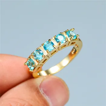 Senovinių Moterų Aqua Blue Crystal Žiedą, Klasikinis Aukso Spalvos Plonas Vestuviniai Žiedai Moterims Žavesio Nuotakos Ovalo Formos Sužadėtuvių Žiedas