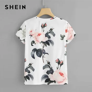 SHEIN Gėlių Spausdinti Apvalios Kaklo marškinėliai Moterims 2019 Savaitgalį Atsitiktinis Trumpas Rankovės Vasaros Marškinėlius Balta Vyksta Ponios Viršūnės
