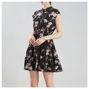 Silviye prancūzijos spausdinti šilko suknelė moterų šilko juostos rodo, plonas temperamentas gėlių mažai liemenė-sijonas vasaros, nauja