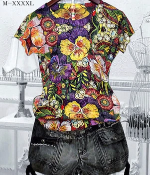 Spalvinga gėlių spausdinti marškinėliai moterims 4XL 2020 metų vasaros trumpos rankovės grafinis tees slim modis marškinėlius, o-kaklo viršūnes tee marškinėliai femme