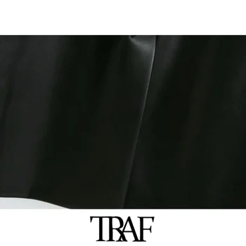 TRAF Moterų Mados Dirbtiniais Odos Laisvi Švarkai Kailis Derliaus ilgomis Rankovėmis Kišenės Atgal Versmės Moterų Viršutiniai drabužiai Prašmatnus Viršūnės