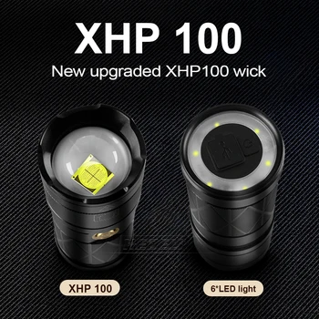 XHP100 įkraunamas led žibintuvėlis fakelas sub taktinis lengvas darbas lempos uodega turi 6*led žibintas 5 režimai zoom žibintas kempingas lempa